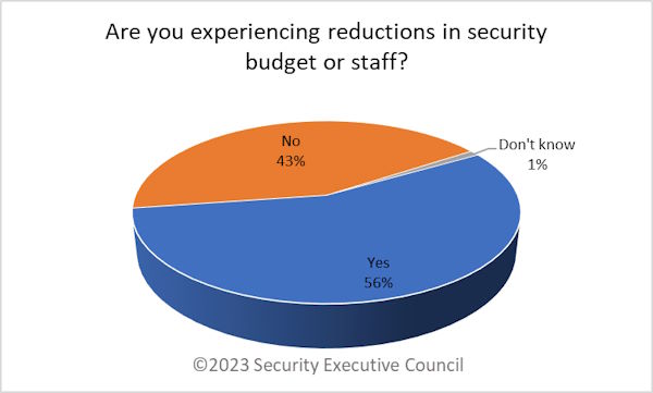 chart showing 56% of respondents experiencing reductions in budget or staff